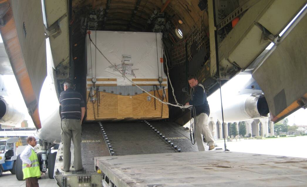 Air freight cargo being loaded into an aircraft